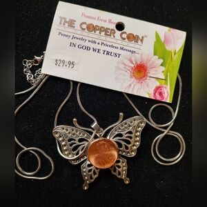 💥 3/$20 The Copper Coin Silver Butterfly and Enamel Penny Long Necklace!